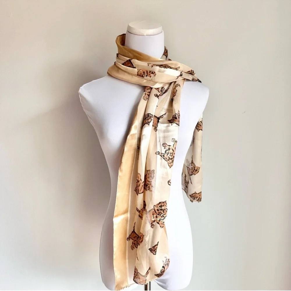 Metallic Gold Cream Chiffon Satin Silky Cat Print Scarf